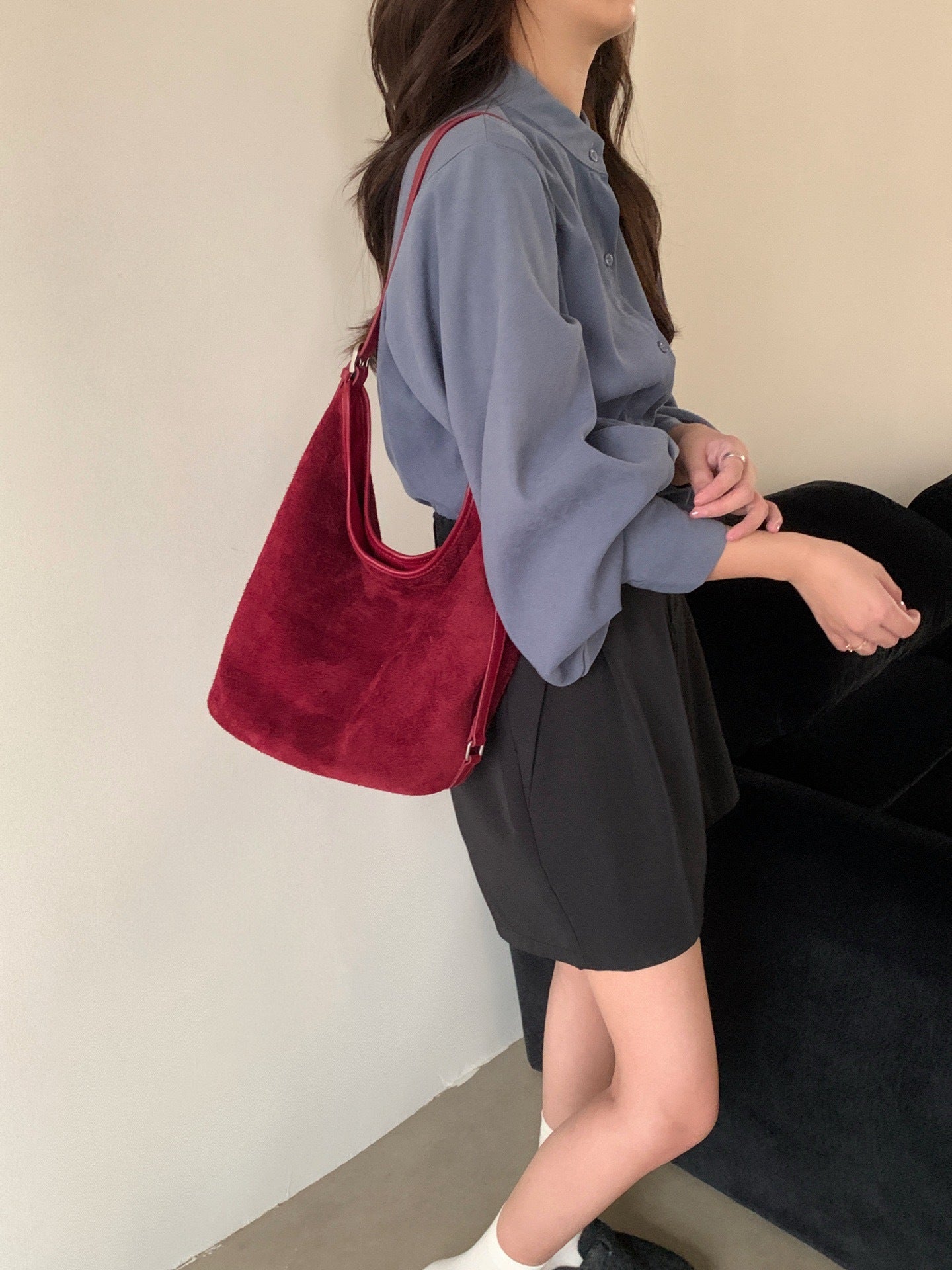 Women's Minimalist Style Niche Retro Suede Genuine Leather Shoulder Bags