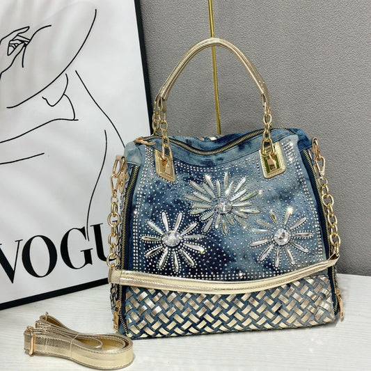 Women's Fashion Rhinestone Diamond Jean Woven Shoulder Bags