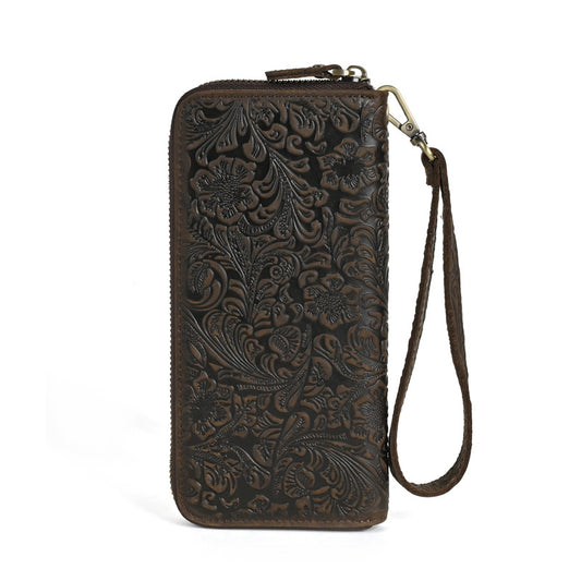 Men's Leather Long Zipper Clutch Retro Embossing Card Holder
