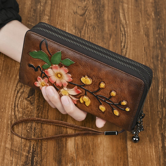 Women's Leather Double Zipper Long Embossed Hand-rub Color Ladies Wallets