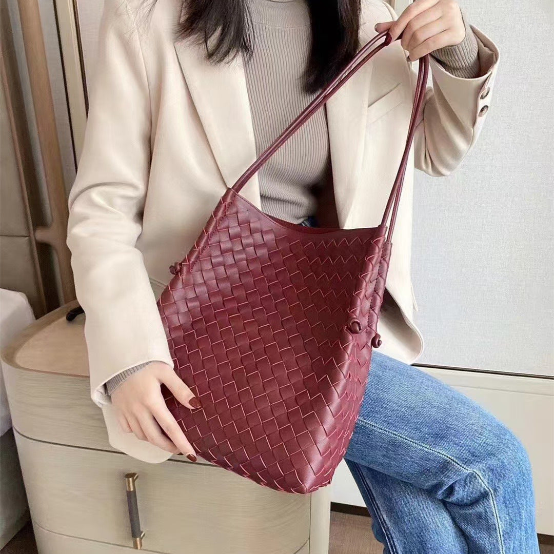 Women's Leather Woven Literary Large Designer Model Shoulder Bags