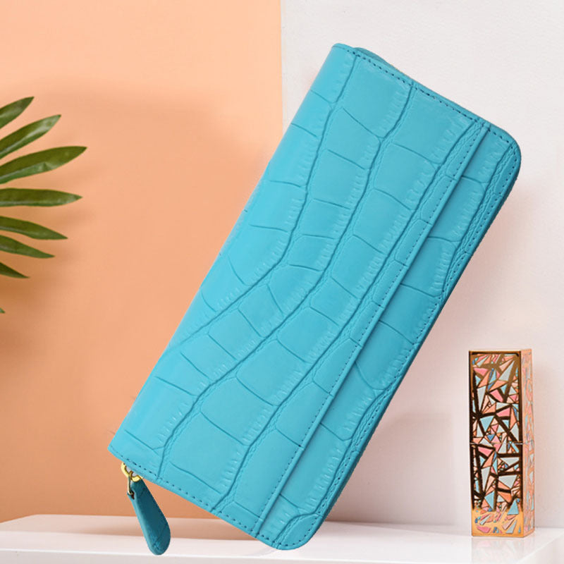 Women's Style Crocodile Pattern Clutch Expanding Cowhide Chain Long Ladies Wallets