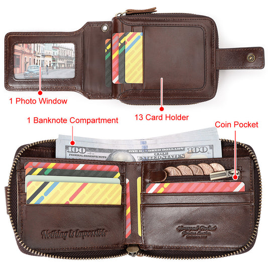 Men's First Layer Cowhide Zipper Horizontal Genuine Men's Wallets