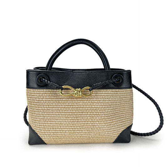 Metal Bow Leather Stitching Raffia Handmade Crossbody Bags