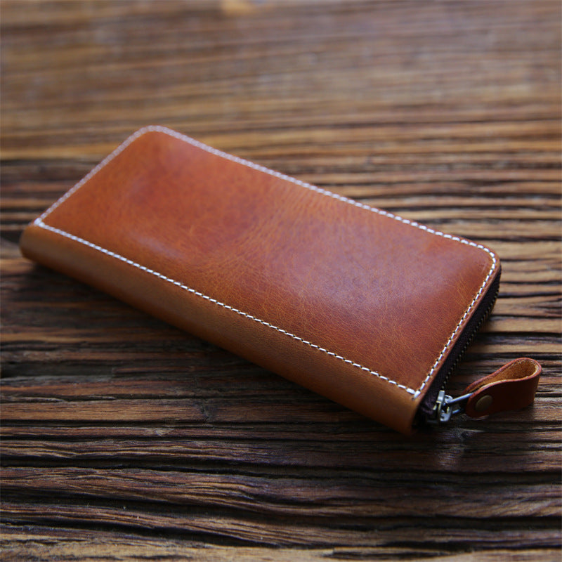 Women's & Men's Handmade Retro Long Genuine Leather Zipper First Layer Men's Wallets