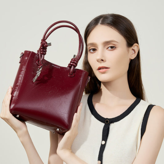 Women's Cowhide Burst Crack One Genuine Leather Hand-held Bucket Bags