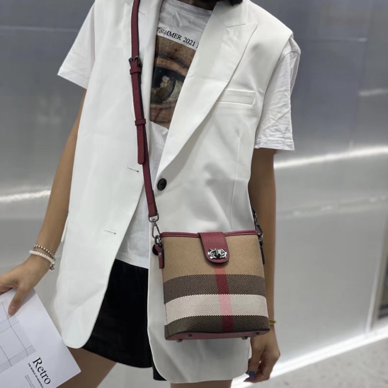 Women's Checked Top Layer Cowhide Cloth Fashion Crossbody Bags