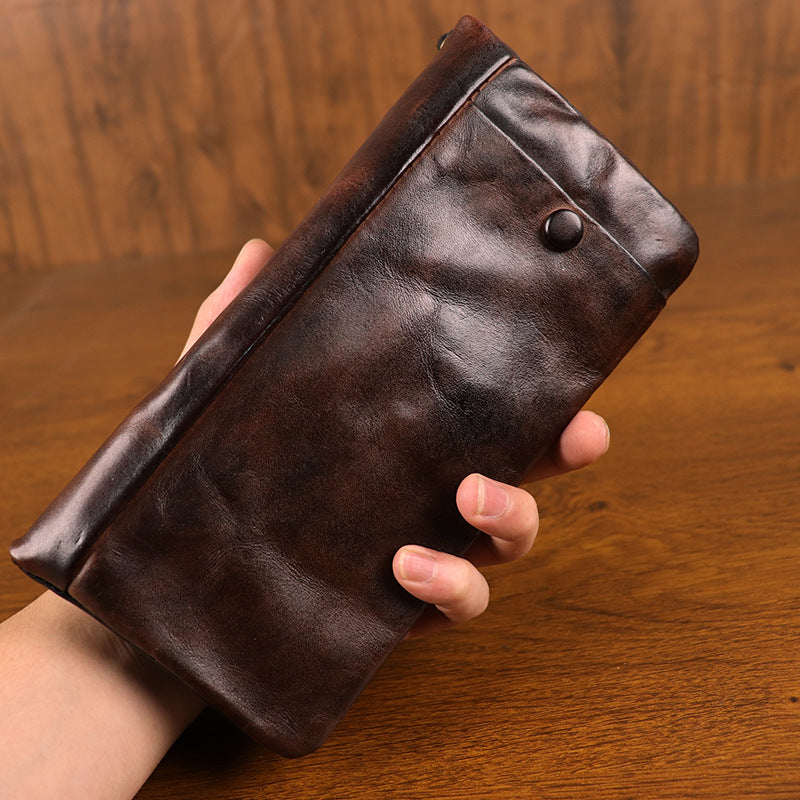 Men's First Layer Cowhide Hand-rub Color Distressed Long Zipper Card Holder