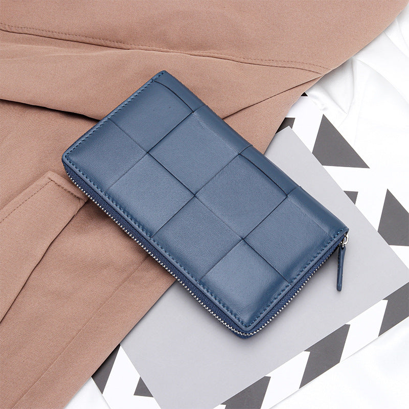 Sheepskin Large Woven Long Fashion Genuine Leather Zipper Ladies Wallets