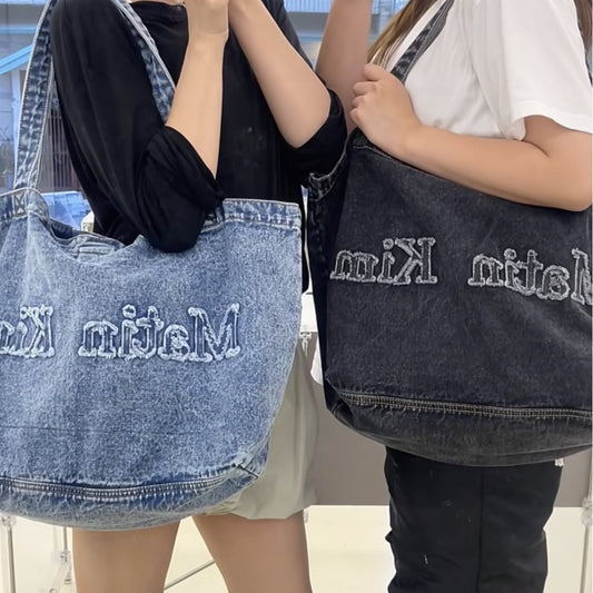 Women's Niche Denim Embroidery Letter Large Capacity Handbags