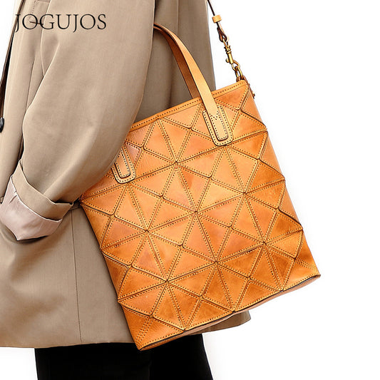 Women's Retro First Layer Cowhide Stitching Portable Shoulder Bags