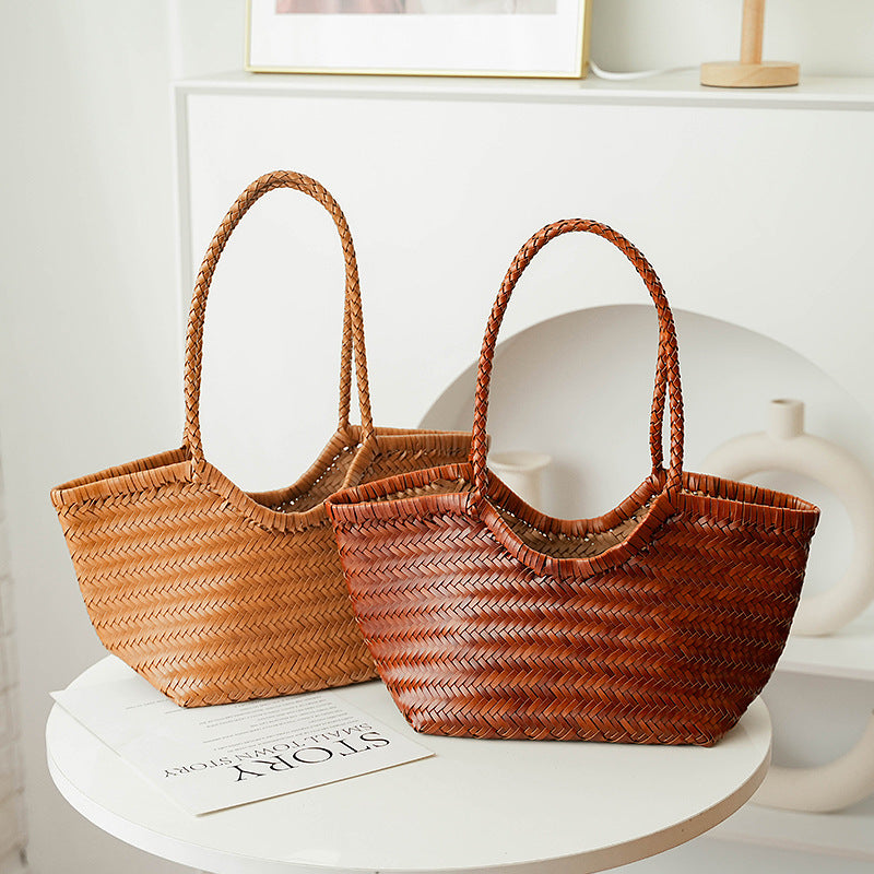 French Retro Woven Authentic Leather Weave Handbags
