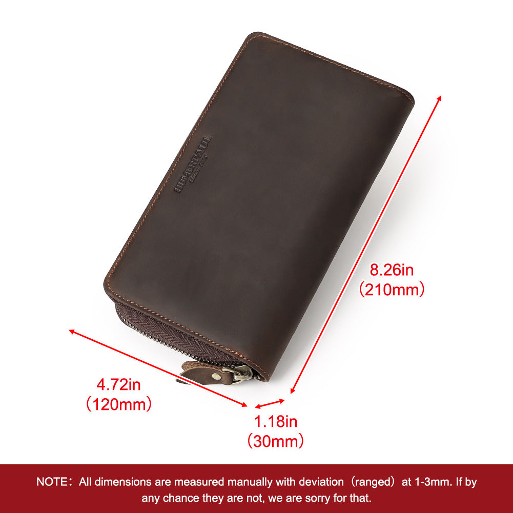Men's First Layer Cowhide Vintage Zipper Multiple Slots Genuine Leather Men's Handbags