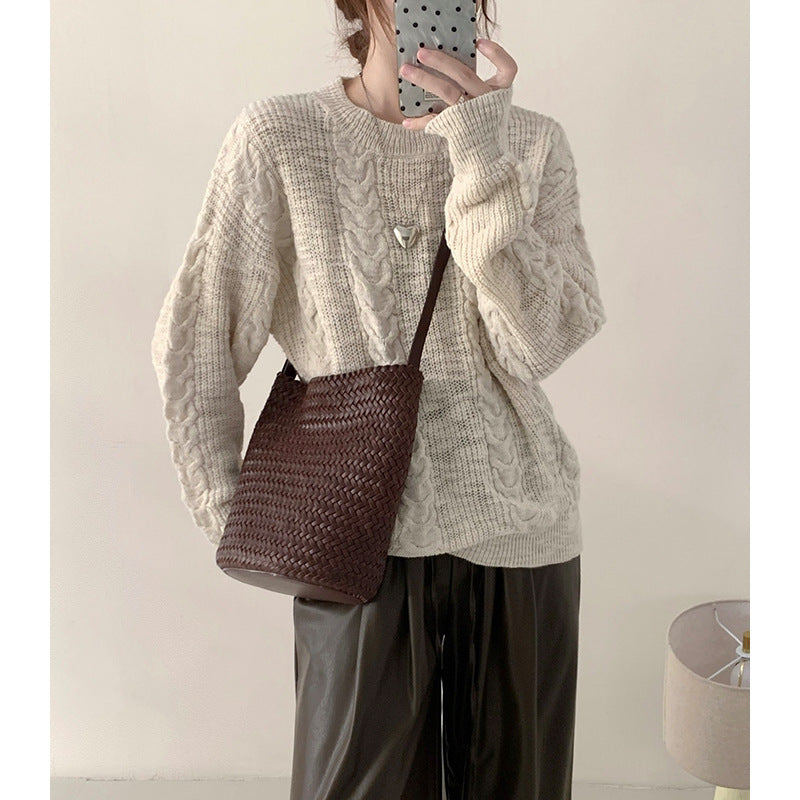 Women's Niche Cowhide Woven Commute Genuine Leather Large Crossbody Bags