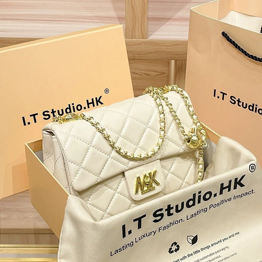 Genuine Leather Classic Style Rhombus Chain Shoulder Bags