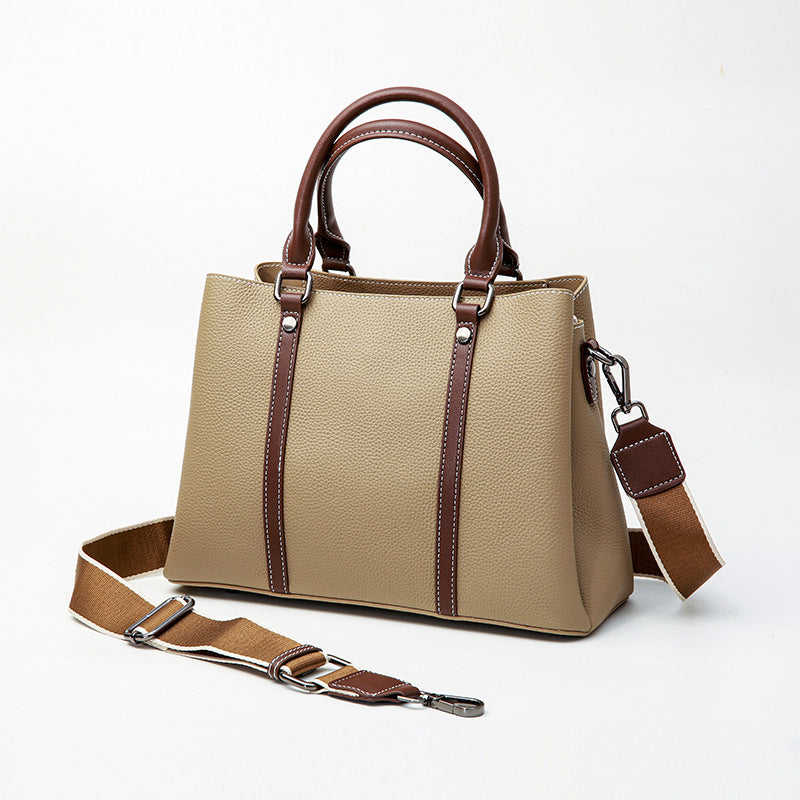 Women's Large Capacity Contrast Color First Layer Cowhide Handbags