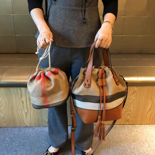 Women's Checked Canvas Genuine Leather Drawstring Large Crossbody Bags