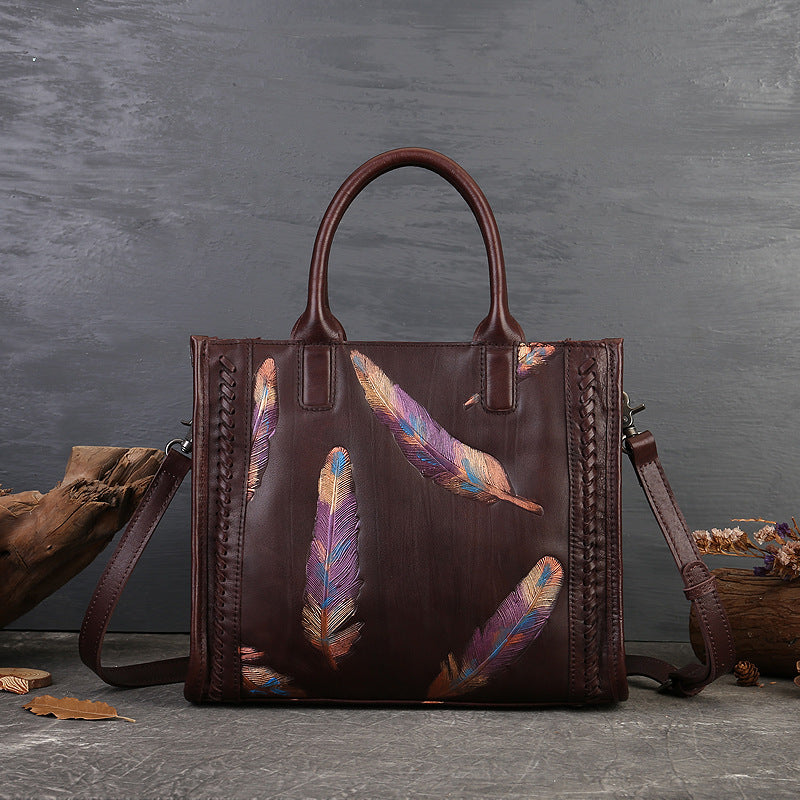 Women's Leather First Layer Cowhide Retro Feather Handbags