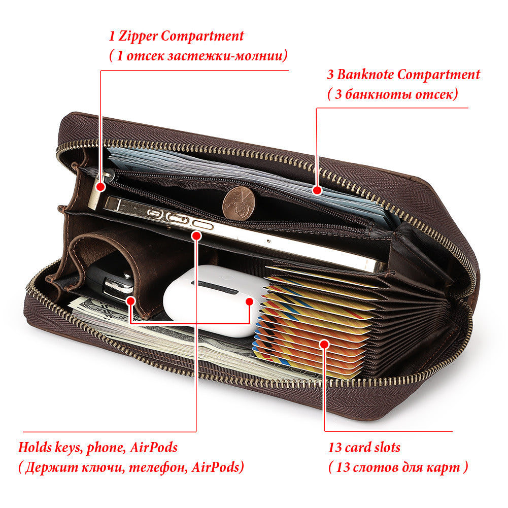 Men's First Layer Cowhide Vintage Zipper Multiple Slots Genuine Leather Men's Handbags