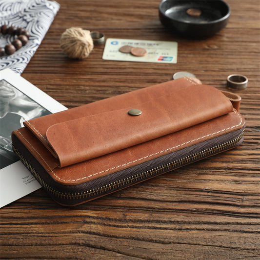 Men's First Layer Cowhide Long Genuine Leather Zipper Men's Wallets