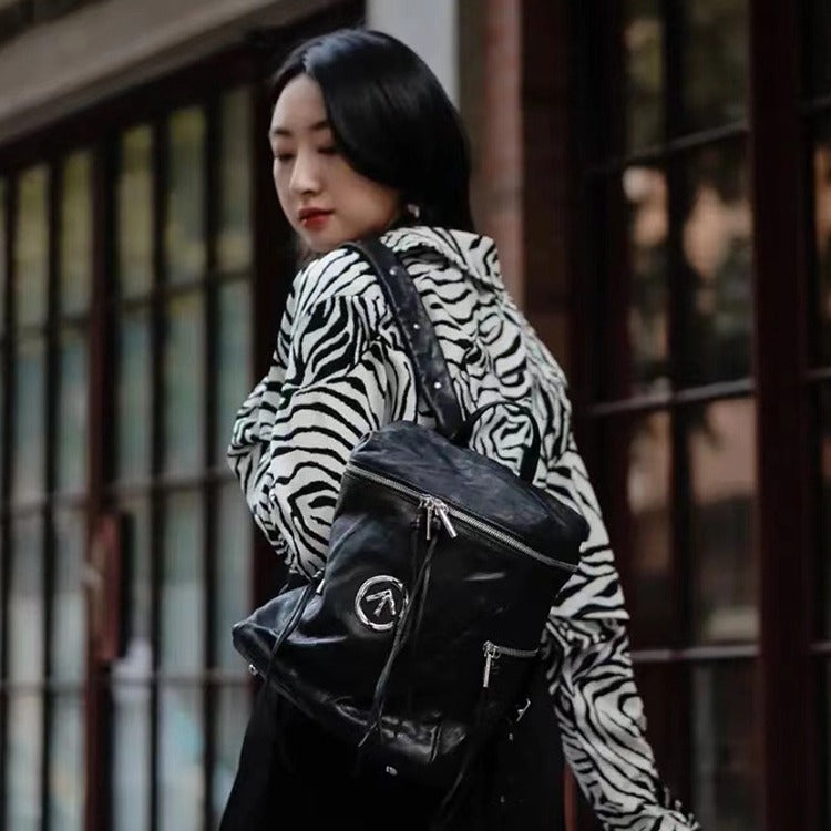 Women's Pleated Italian Black Stone Water Ripple Bags