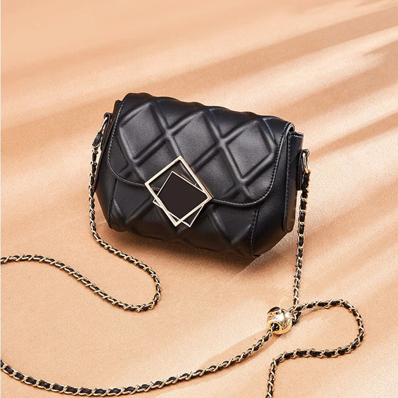 Women's Genuine Leather Light Luxury Diamond Pattern Fashion Golden Ball Shoulder Bags