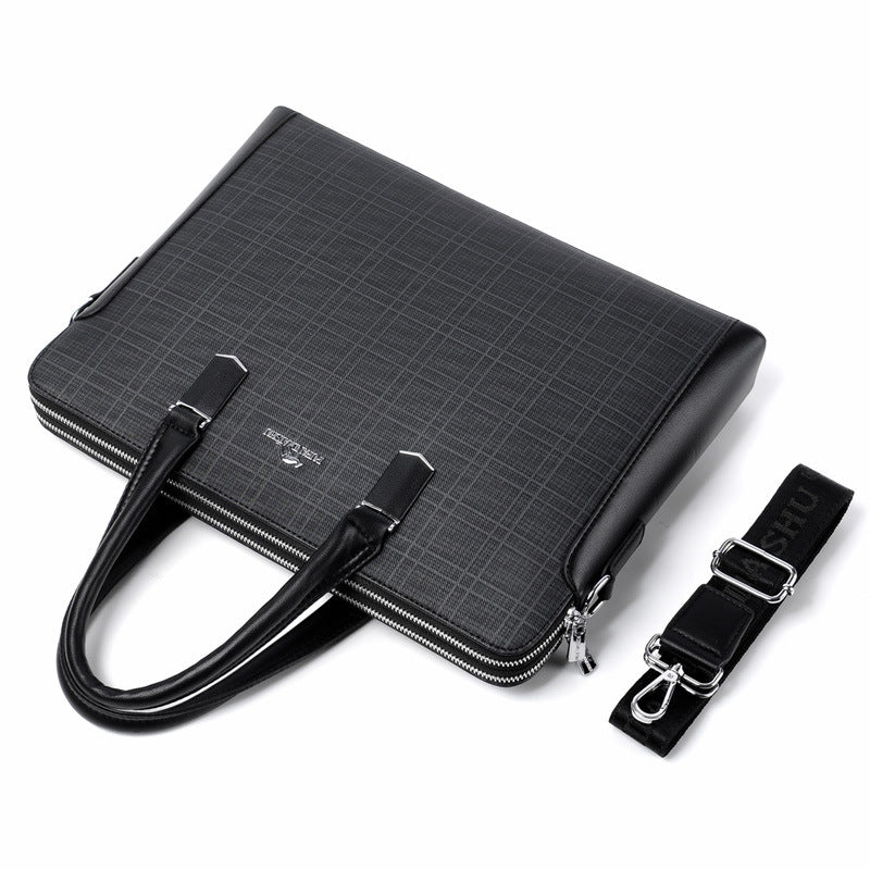 Men's Single Double Zipper Office Plaid Business Men's Handbags