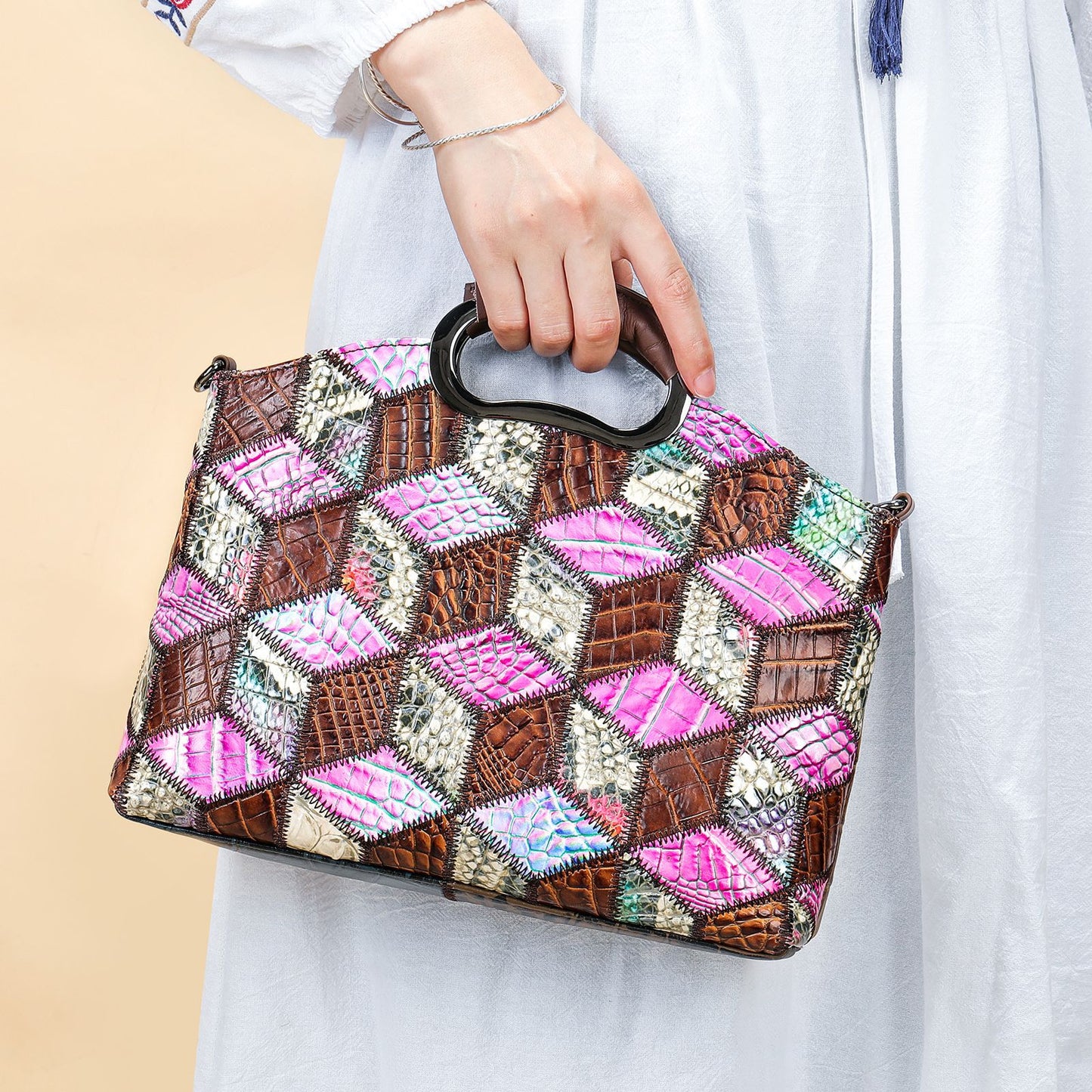 Women's Cowhide Large Capacity Leather Retro Patchwork Bags