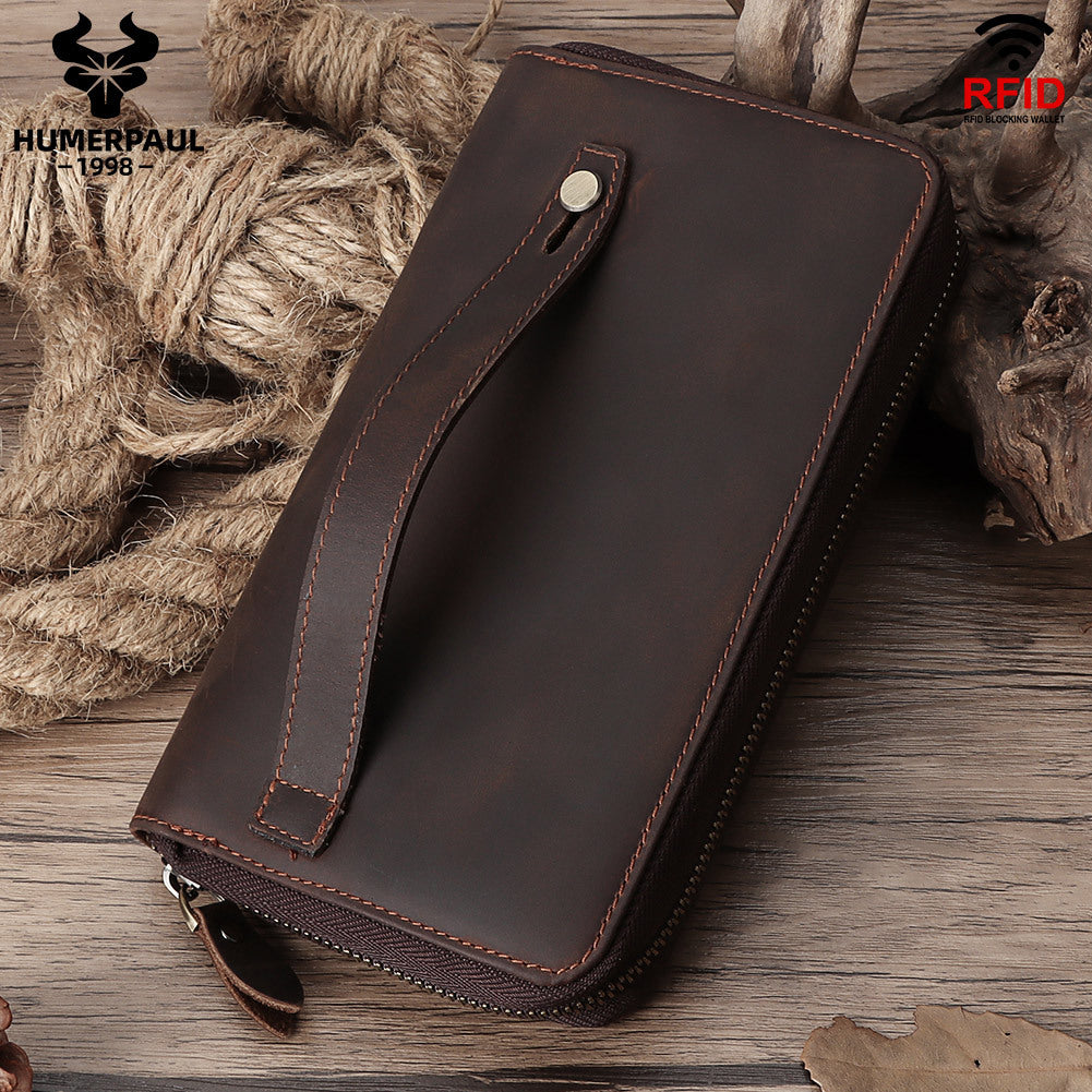 Men's First Layer Cowhide Vintage Zipper Multiple Slots Genuine Leather Men's Handbags