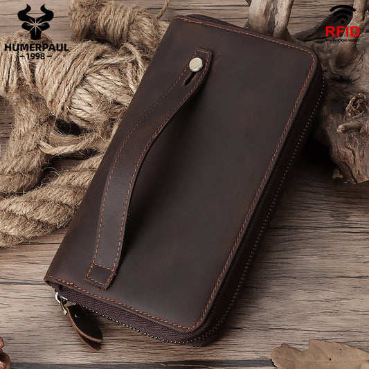 Men's First Layer Cowhide Vintage Zipper Multiple Slots Genuine Leather Men's Handbags