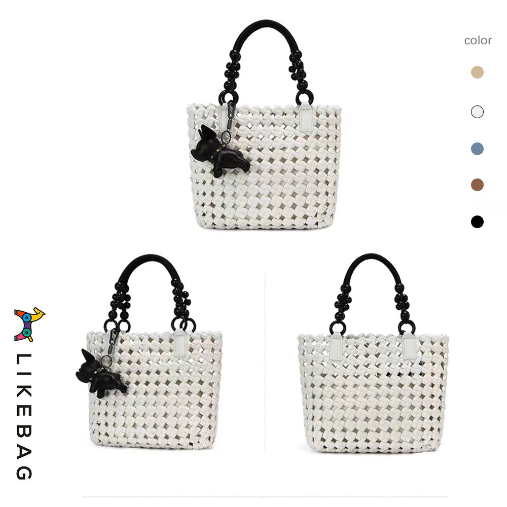 Women's Vegetable Basket Woven Portable Advanced Hollow Wooden Bead Handbags