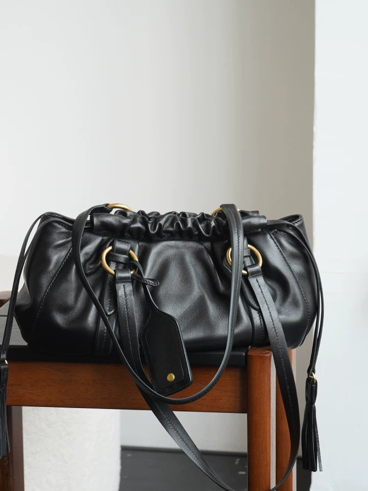 Women's Leather Pleated Drawstring Cloud Retro Bags