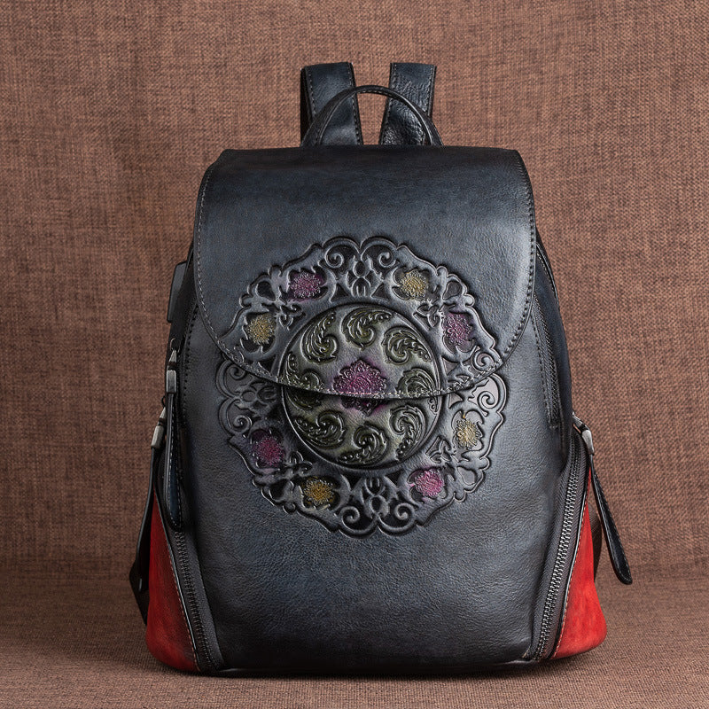 Chinese Style First Layer Cowhide Embossed Backpacks
