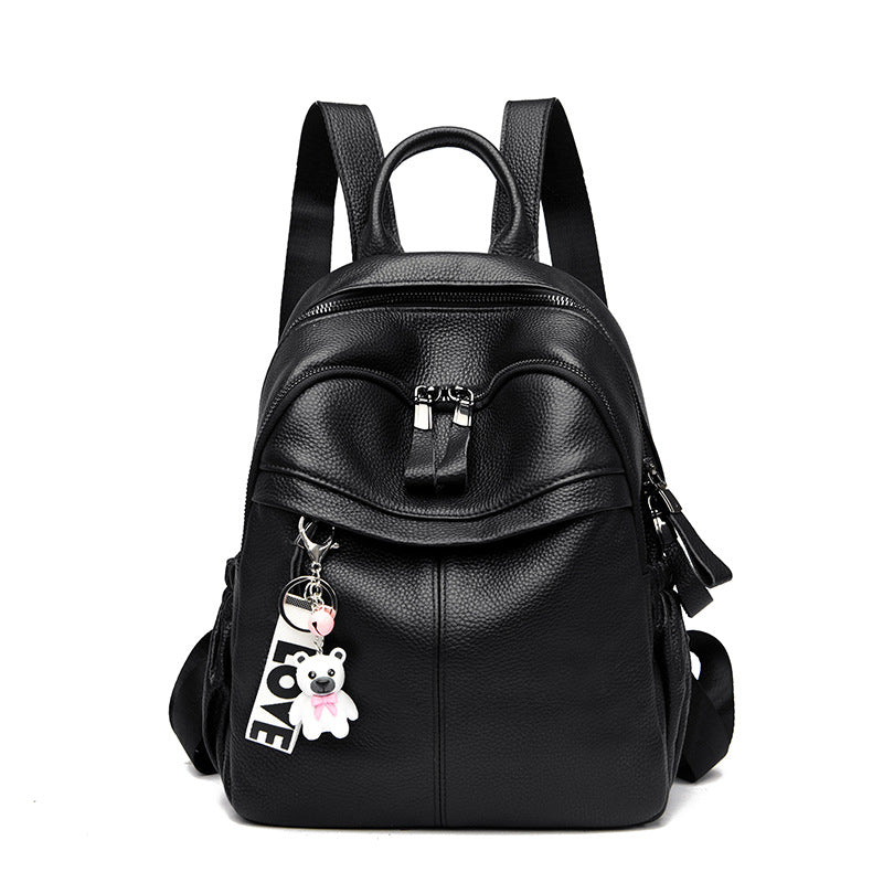 Women's Leather Fashion Bear Pendant Large Capacity Backpacks
