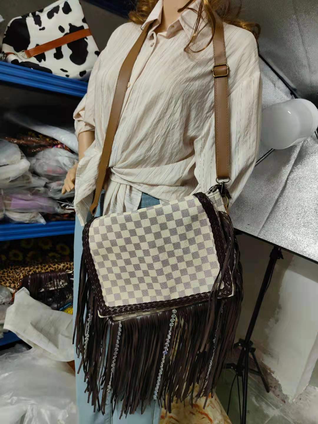 Cool Vintage Tassel Chessboard Plaid Leopard Crossbody Bags