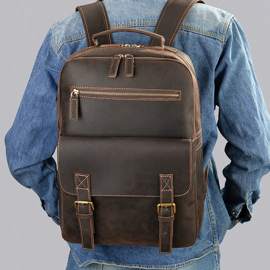 Men's Crazy Horse Leather Retro Large Capacity Backpacks
