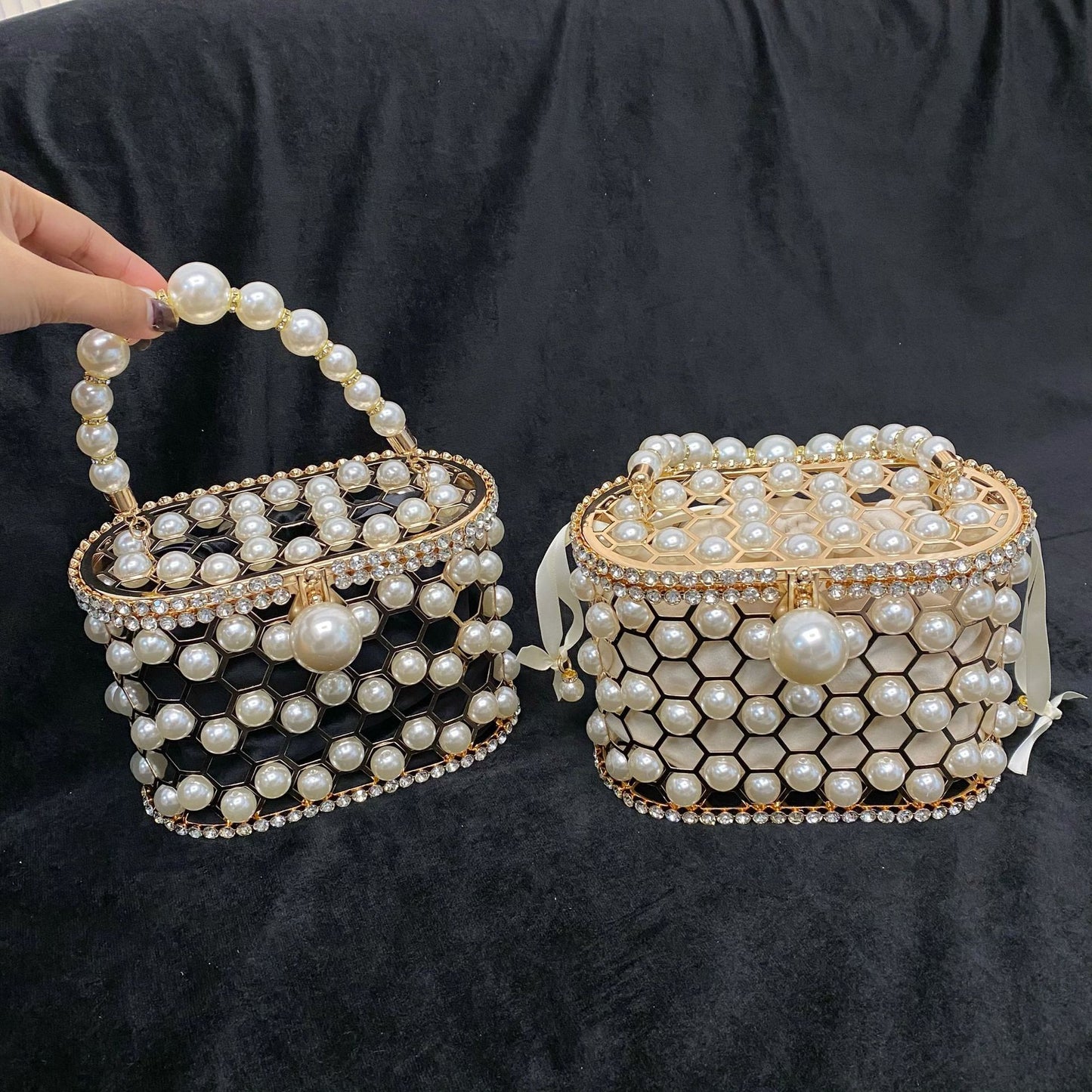 Women's Basket Dinner Shiny Rhinestone Pearl Shoulder Bags