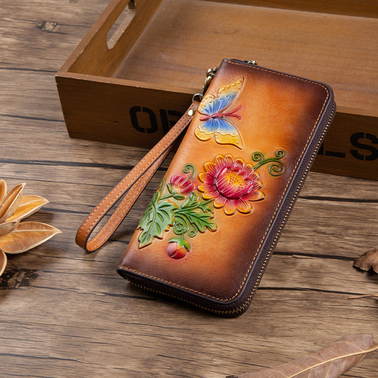 Women's Retro Chinese Style Cowhide Long First Ladies Wallets