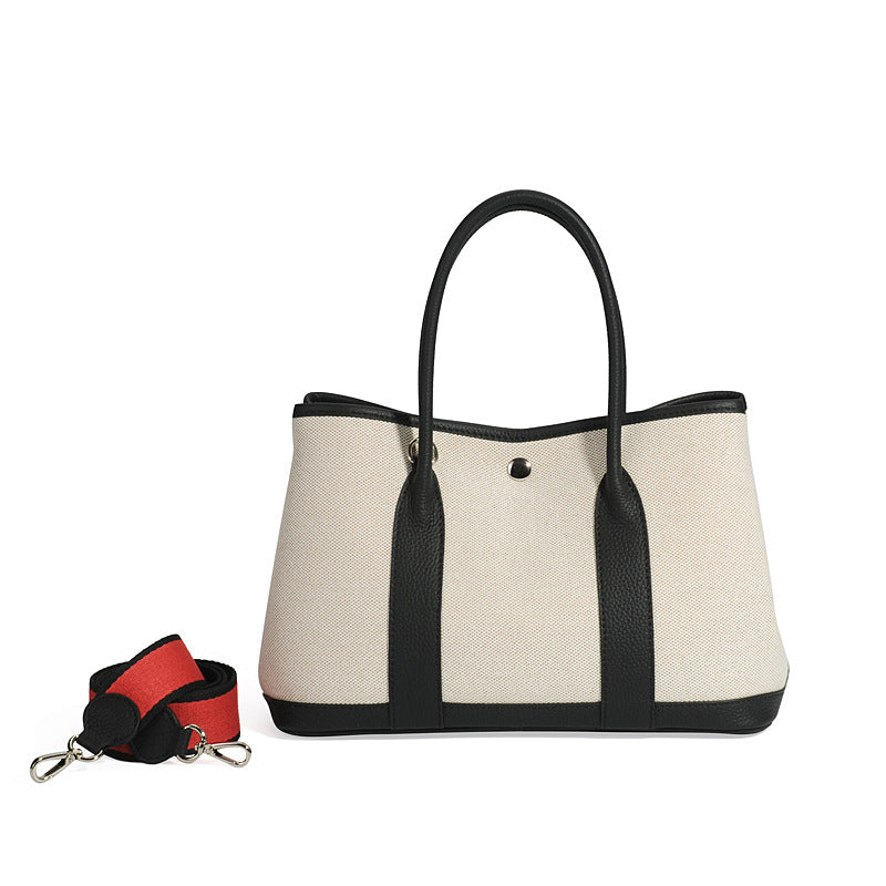 Large Capacity Canvas Stitching Contrast Color Genuine Cattlehide Leather Crossbody Bags