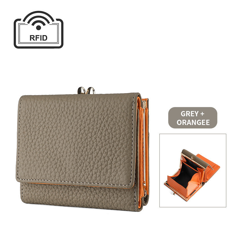 Women's Layer Cowhide Lychee Pattern Tri Fold Ladies Wallets