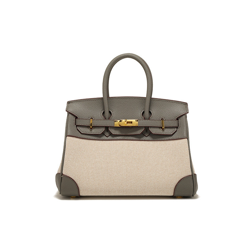 Women's Spring Design Leather With Canvas Contrast Color Handbags