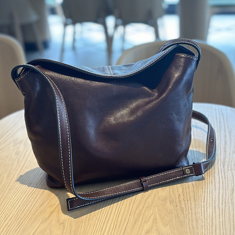 Women's Summer Cowhide Simple Leather Retro Large Crossbody Bags