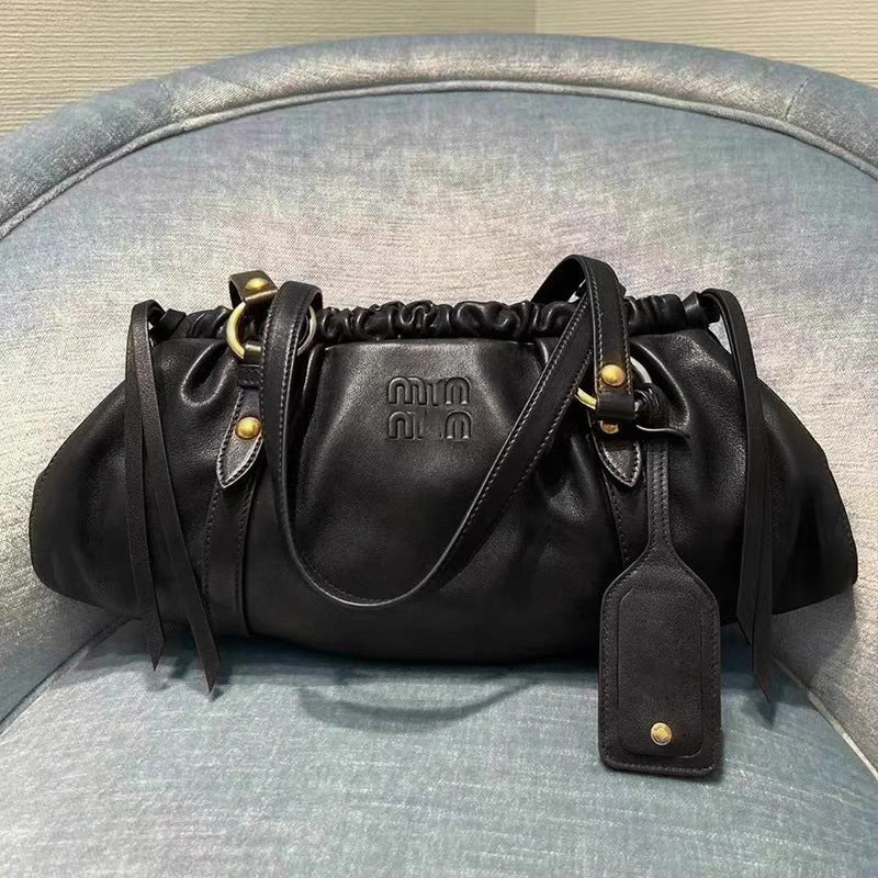 Women's Miao Genuine Leather Pleated Drawstring Cloud Handbags