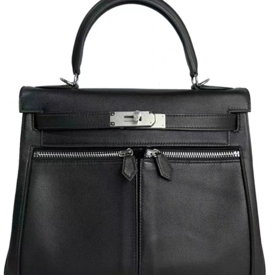 Women's Top Layer Cowhide Kelly Double Pocket Genuine Crossbody Bags