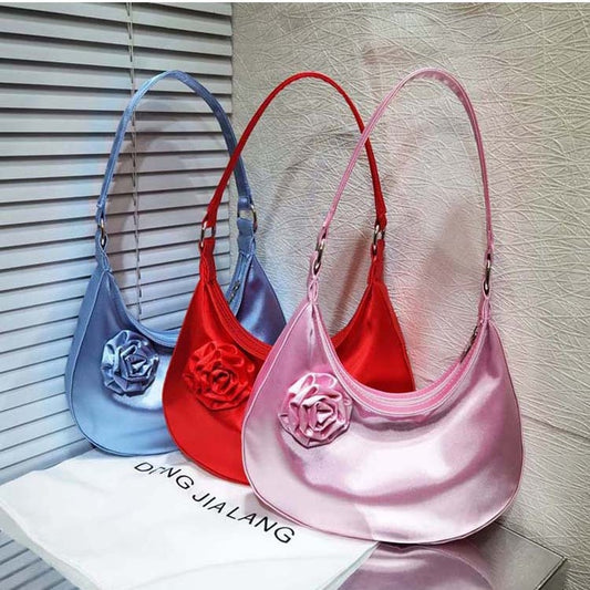 Women's Design Vintage Satin Selenodont Rose Flower Armpit Bags