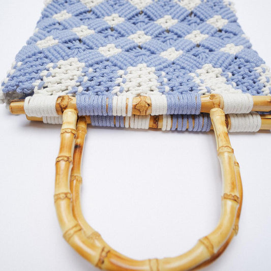 Women's Cotton Rope Braided Flower Bamboo Blue Handbags