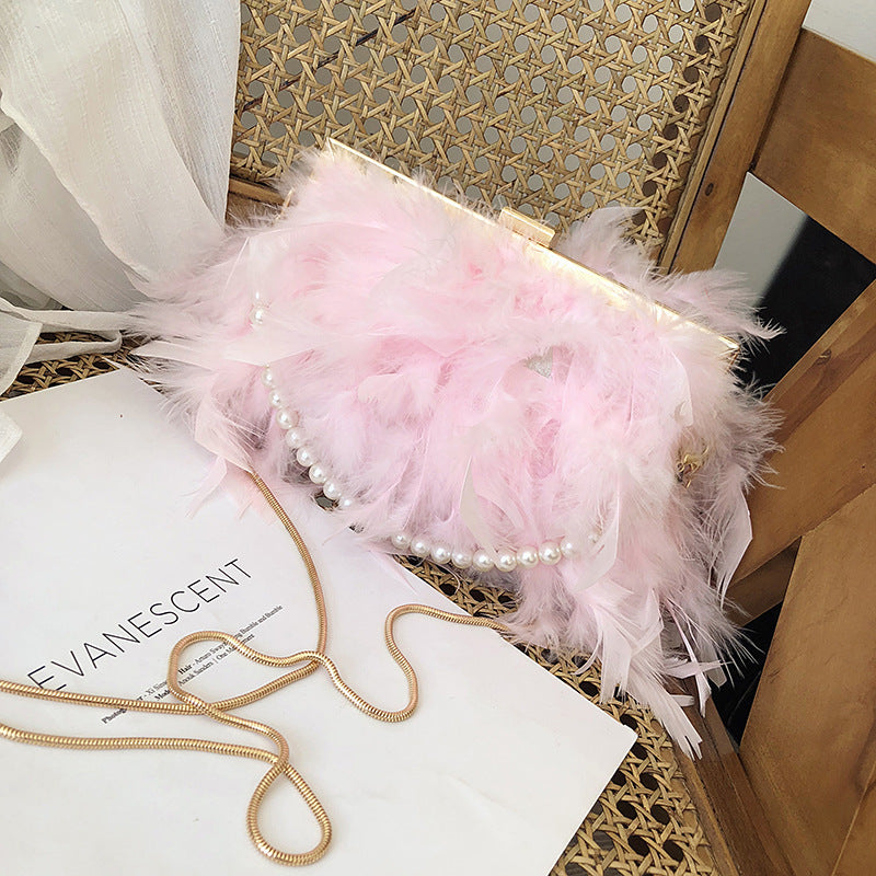 Women's Style Turkey Feather Ostrich Clipped Button Pearl Crossbody Bags