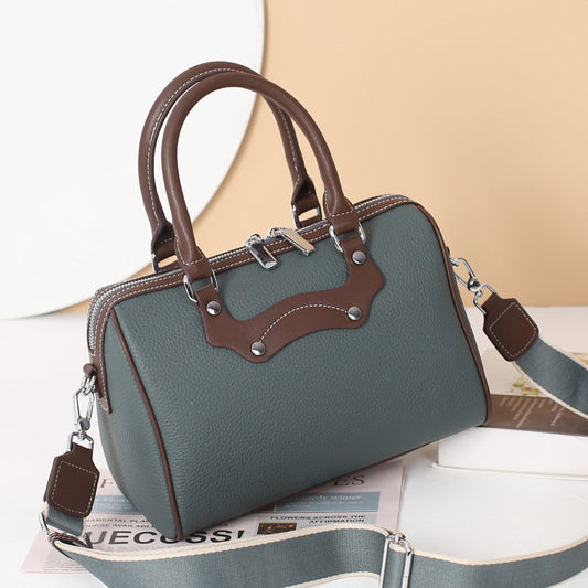 Women's Fashion Color Contrast Boston Genuine Leather Handbags