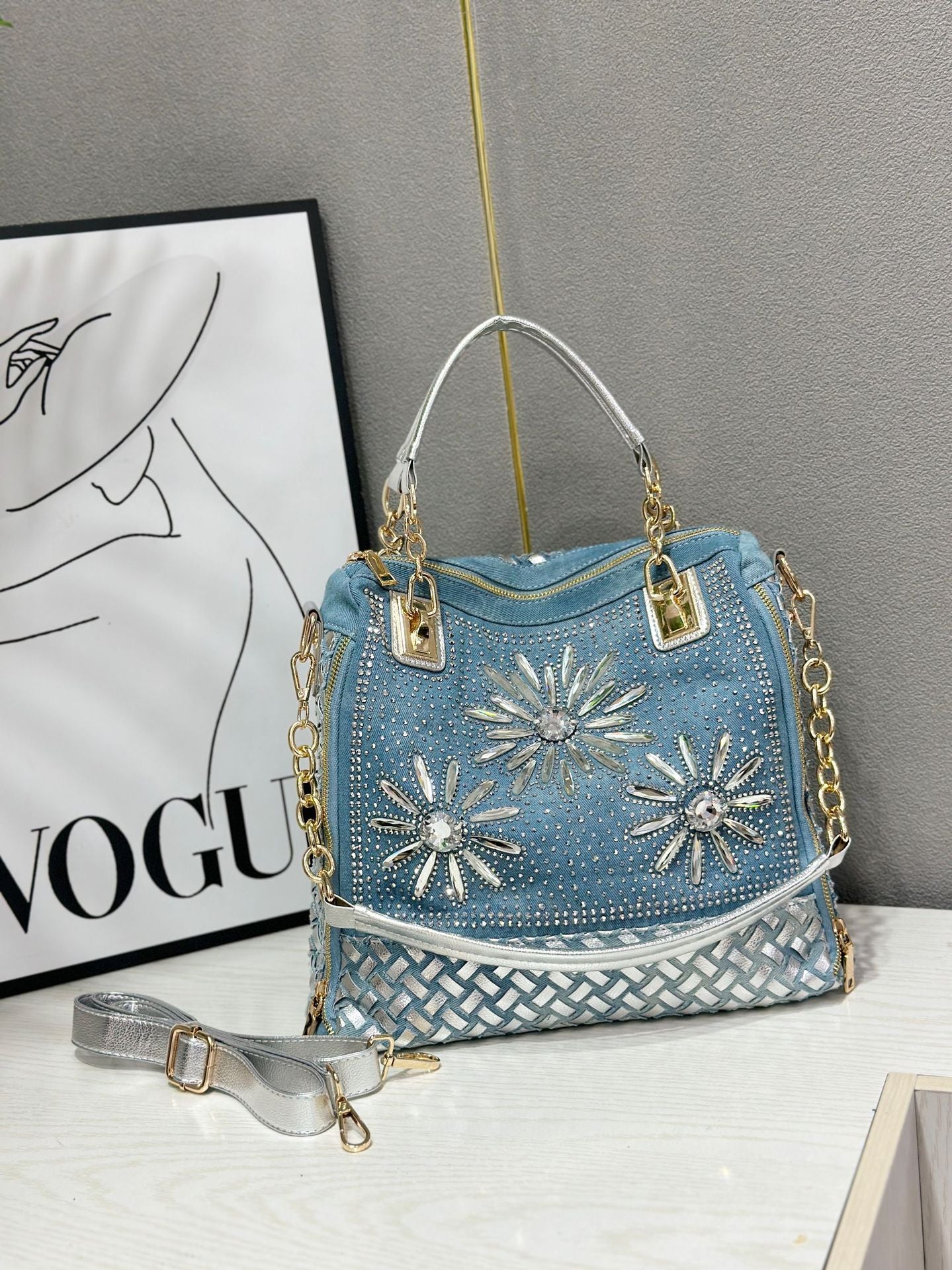 Women's Fashion Rhinestone Diamond Jean Woven Shoulder Bags
