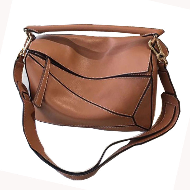 Women's Geometric Rhombus Soft Leather Stitching Genuine Portable Shoulder Bags